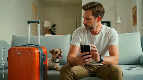 A man looks at a phone on a couch with a suitcase and a dog