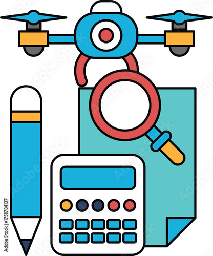 A black and white drawing of a pen, calculator, and magnifying glass
