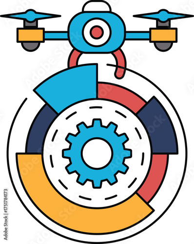 A drone is hovering over a gear