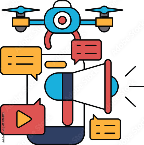 A drone with a microphone and a large speaker on top