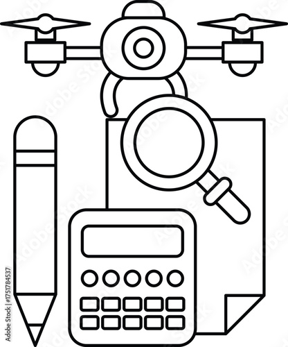 A black and white drawing of a pen, calculator, and magnifying glass