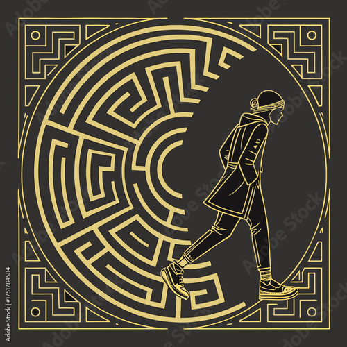 Man walking out of a maze with geometric frame on a dark background