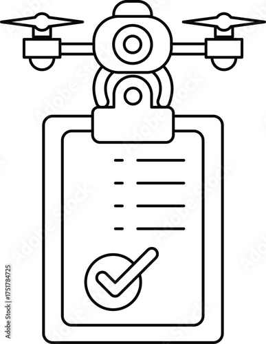 A drone is hovering over a clipboard with a check mark on it