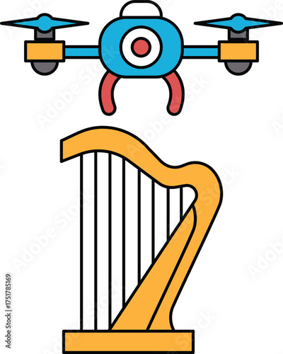A drone is flying above a harp