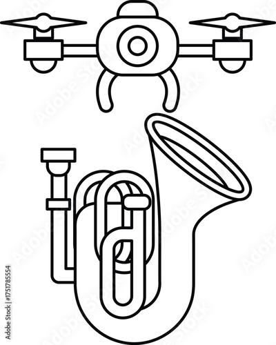 A black and white drawing of a trombone and a drone