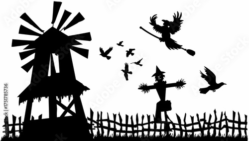 Halloween witch scarecrow crow windmill silhouette spooky autumn fall season vector illustration clip art vector illustration
