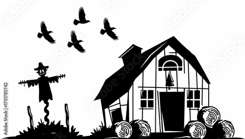 Black and white farm scene with scarecrow, barn, hay bales, and crows flying in a rural landscape drawing vector illustration
