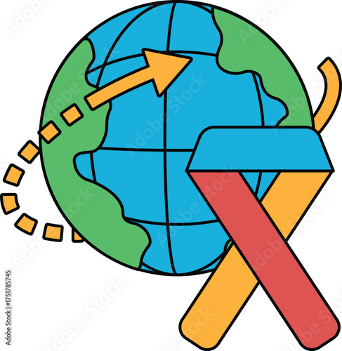 A white and black drawing of a globe with a ribbon on it