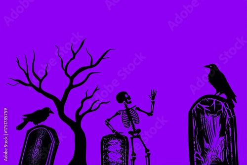 Halloween skeleton crow graveyard spooky tree tombstone silhouette purple background scary october design vector illustration