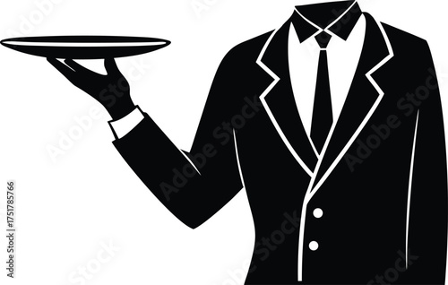 hand holding a tray a sophisticated illustration of a hand in a suit holding a serving tray, presented in black and white