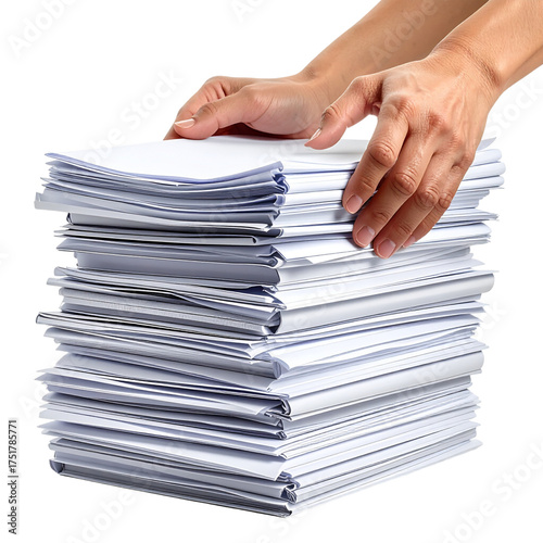 Hands holding a large stack of papers documents and files.