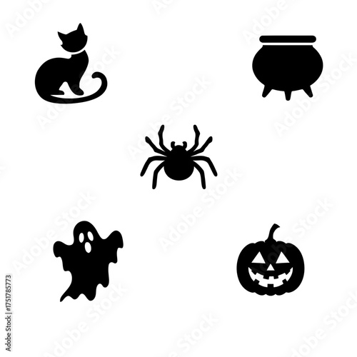 Halloween cat spider ghost pumpkin cauldron silhouette vector spooky october scary trick or treat halloween party vector illustration
