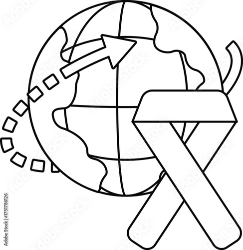 A white and black drawing of a globe with a ribbon on it