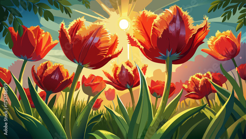 Very beautiful fringed tulips glowing in sunlight, backlit in a Virginia spring garden, their red petals radiating brilliance and delicate elegance.
