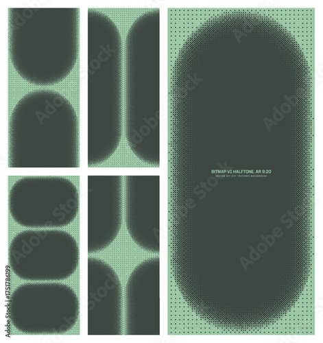 Assorted vector bitmap sage green halftone pattern set in vertical 9:20 aspect ratio including rounded frame and various unique textures. Varied 8 bit retro styled textured design elements bundle