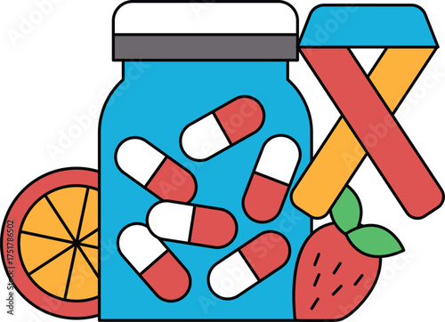 A jar of pills is next to a strawberry and an orange