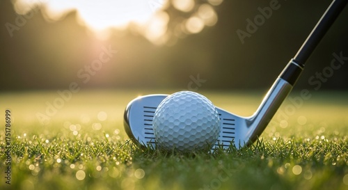 Golf ball and club on dewy green course