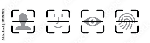 Biometric Security Icon Set with Face, Eye, and Fingerprint Scan Symbols in Minimalist Style