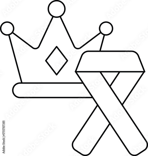 A black and white drawing of a crown and ribbon