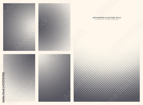 Assorted vector retro styled inverted dots halftone pattern set in vertical 2:3 aspect ratio including round smooth blurred border and various radial textures. Varied offset print design elements