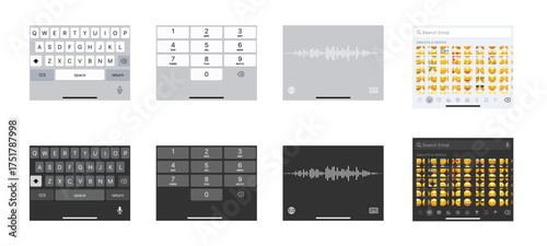 Mobile keyboard interface mockup set with light and dark mode layouts. Includes QWERTY, numeric, voice, and emoji keyboards. Realistic smartphone UI design concept