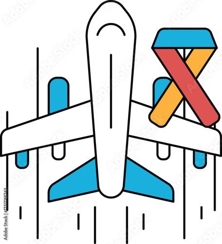 A black and white drawing of an airplane with a ribbon on the tail