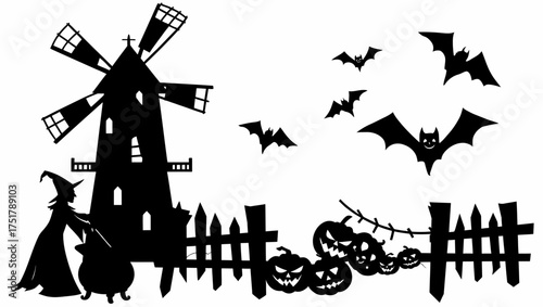 Halloween silhouette scene with witch windmill pumpkins bats and fence spooky scene halloween vector art vector illustration