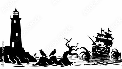 Silhouette lighthouse kraken ship raven sea ocean coast nautical black and white illustration graphic art vector vector illustration
