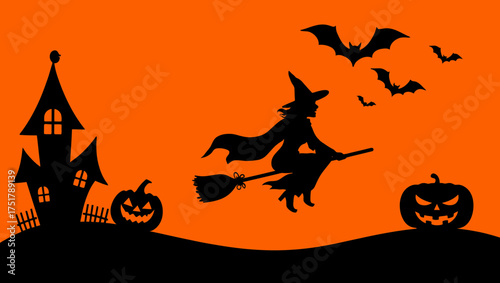 Halloween witch haunted house pumpkin bats spooky silhouette night trick or treat october scary fantasy theme vector illustration