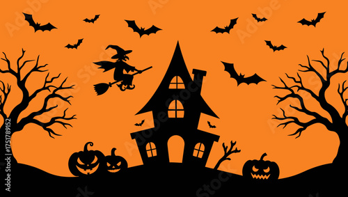 Halloween witch haunted house bats pumpkins trees spooky season october celebration trick or treat party night vector illustration