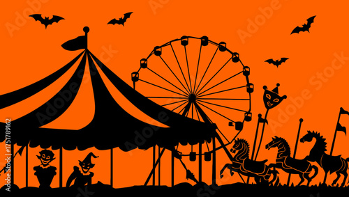 Halloween carnival circus ferris wheel bats spooky clowns horses silhouette vector illustration design art vector illustration