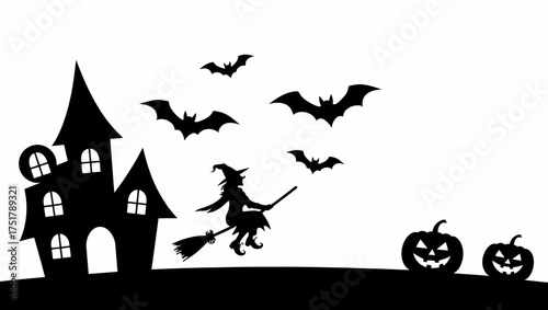 Halloween silhouette witch bats haunted house pumpkins spooky october celebration vector illustration vector illustration
