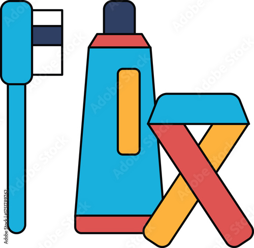 A toothbrush, toothpaste, and a chair are shown in a black and white drawing