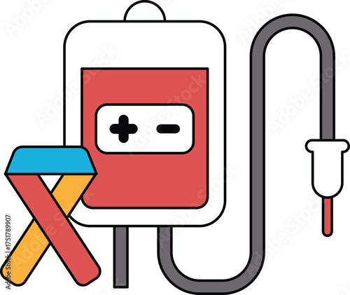 A medical device with a red and white label and a black and white background