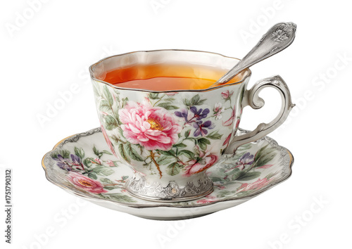 Ornate teacup and saucer filled with amber liquid, adorned with floral patterns in pinks, purples, and greens, a silver spoon rests inside