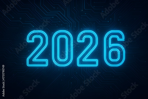 Neon blue 2026 number on dark futuristic circuit board background