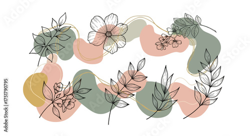 A beautiful collection of hand-drawn floral line art with abstract organic shapes. Minimalist botanical illustration with leaves and flowers for elegant design concepts