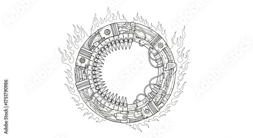 Intricate mechanical gear design encircled by powerful flames, an abstract industrial emblem symbolizing strength, energy, and a complex futuristic vision