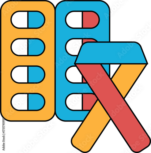 A pill bottle and a ribbon are shown in a black and white drawing