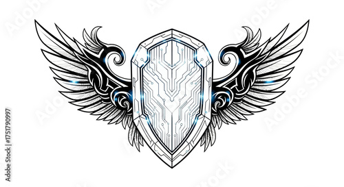 Futuristic Shield Crest with Wings Guardian Emblem Design