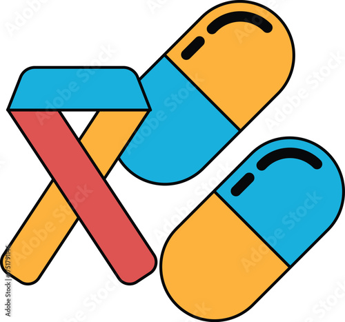 A pill and a ribbon are shown in a black and white drawing