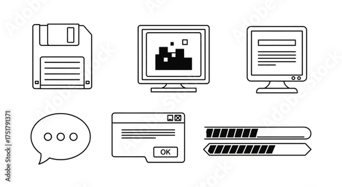 A collection of retro computer and user interface elements in a minimalist black and white line art icon set