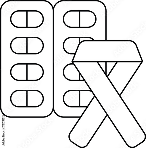 A pill bottle and a ribbon are shown in a black and white drawing
