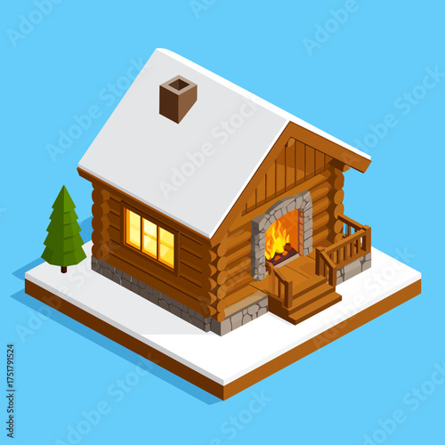 Cozy Log Cabin in Winter Isometric Vector Illustration of a Fireplace, Snow, and Pine Tree