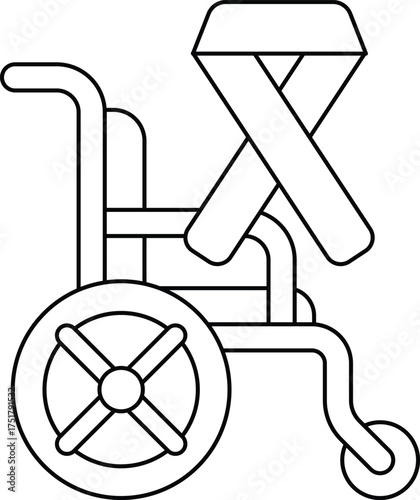 A black and white drawing of a wheelchair with a ribbon tied to the handlebars