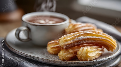 Spanish churros with sugar and hot chocolate