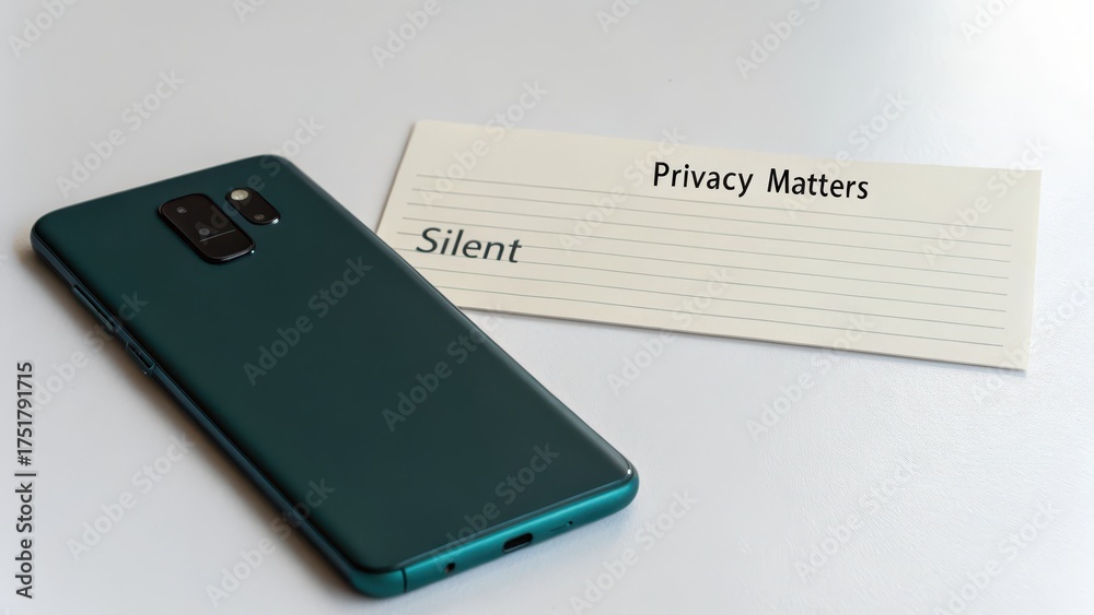 Fototapeta premium Phone laying face down next to a card saying Silent Privacy Matters