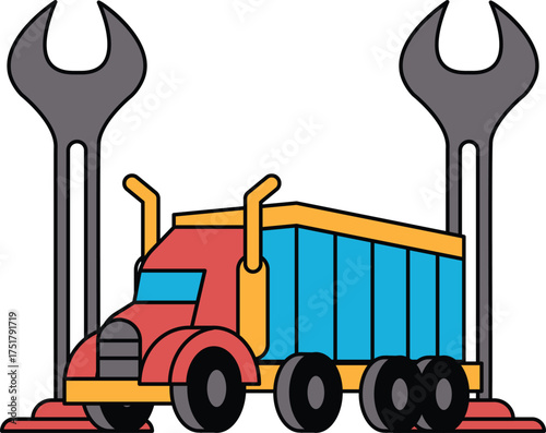 A black and white drawing of a truck with a wrench on it