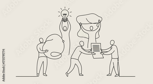 Minimalist line art showcasing a teamwork concept, with abstract figures collaborating on ideas, problem-solving, and sharing technology