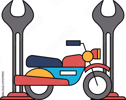 A black and white drawing of a motorcycle with a wrench on it